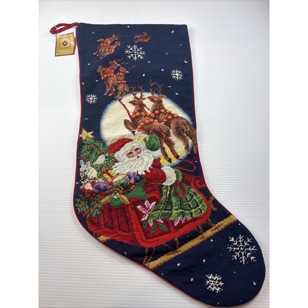 Dillard's Handcrafted Santa Claus Needlepoint Christmas Stocking  NWT 30"x16"